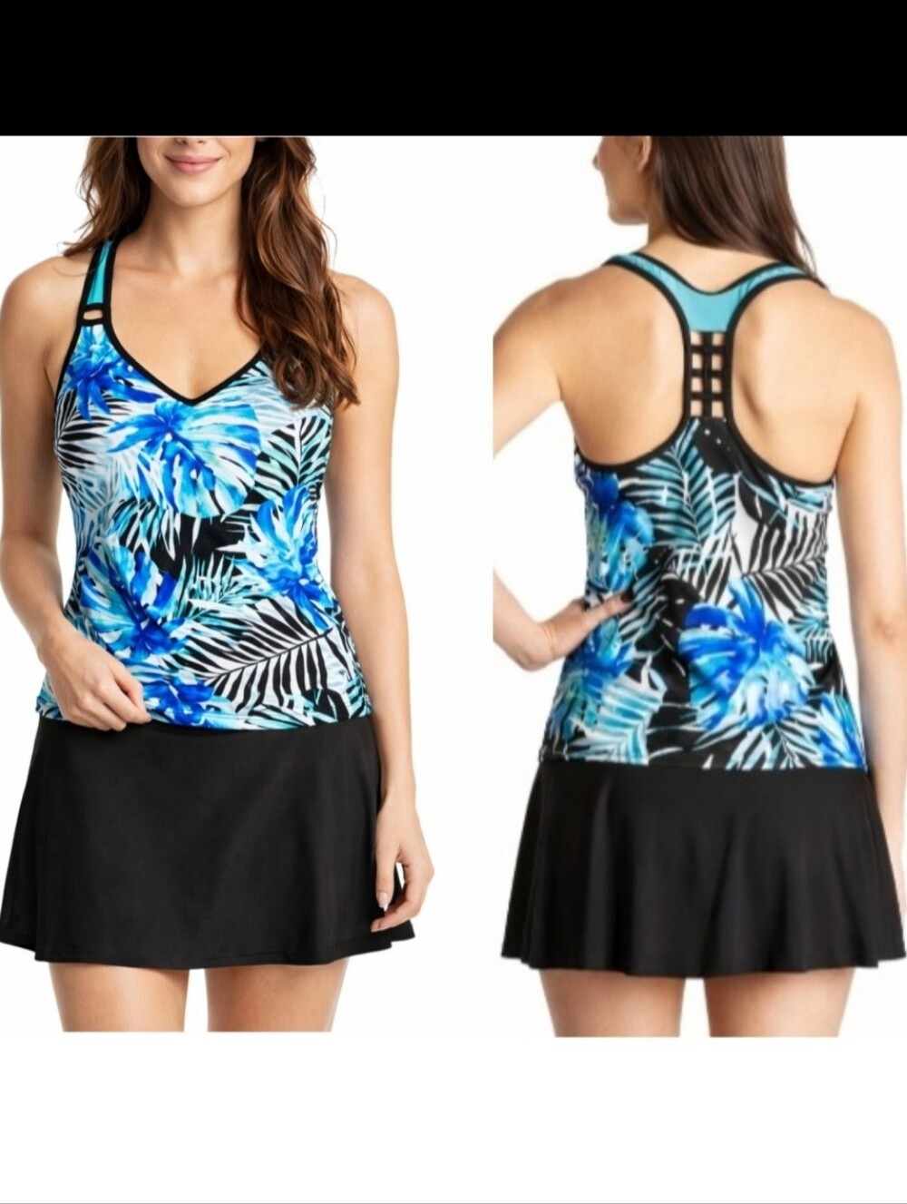 ZeroXposur Tankini Swim Top EUC XL Black & Blue Tropical Print